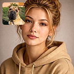 A close-up photo of a wrinkly dog with a large snout sitting outside on the grass in front of a peach-colored wall and a yellow door, basking in the sunlight with a curious expression.