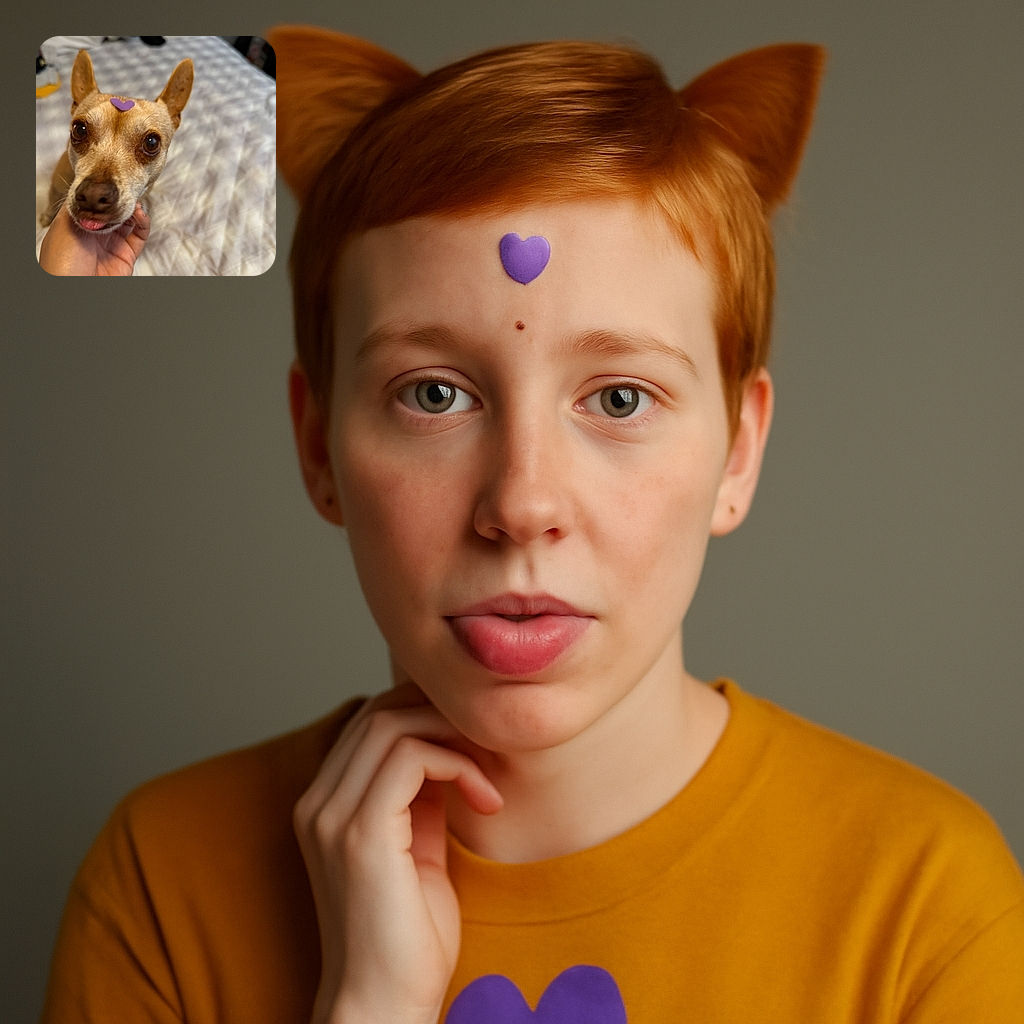 A small dog with big, soulful eyes and a tiny purple heart sticker on its forehead is being gently held by a hand. The dog sticks out its tongue slightly, adding a touch of adorable silliness, while the soft, blurred background of a bed creates a cozy atmosphere.