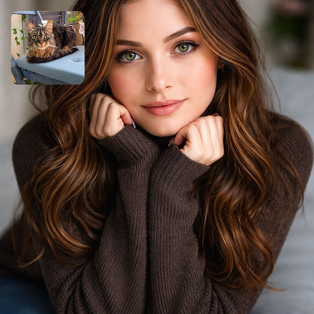 A majestic tabby cat with striking green eyes lounges comfortably on a cushioned blue chair outdoors, surrounded by delicate pink flowers and green ivy, creating a serene and charming garden scene.