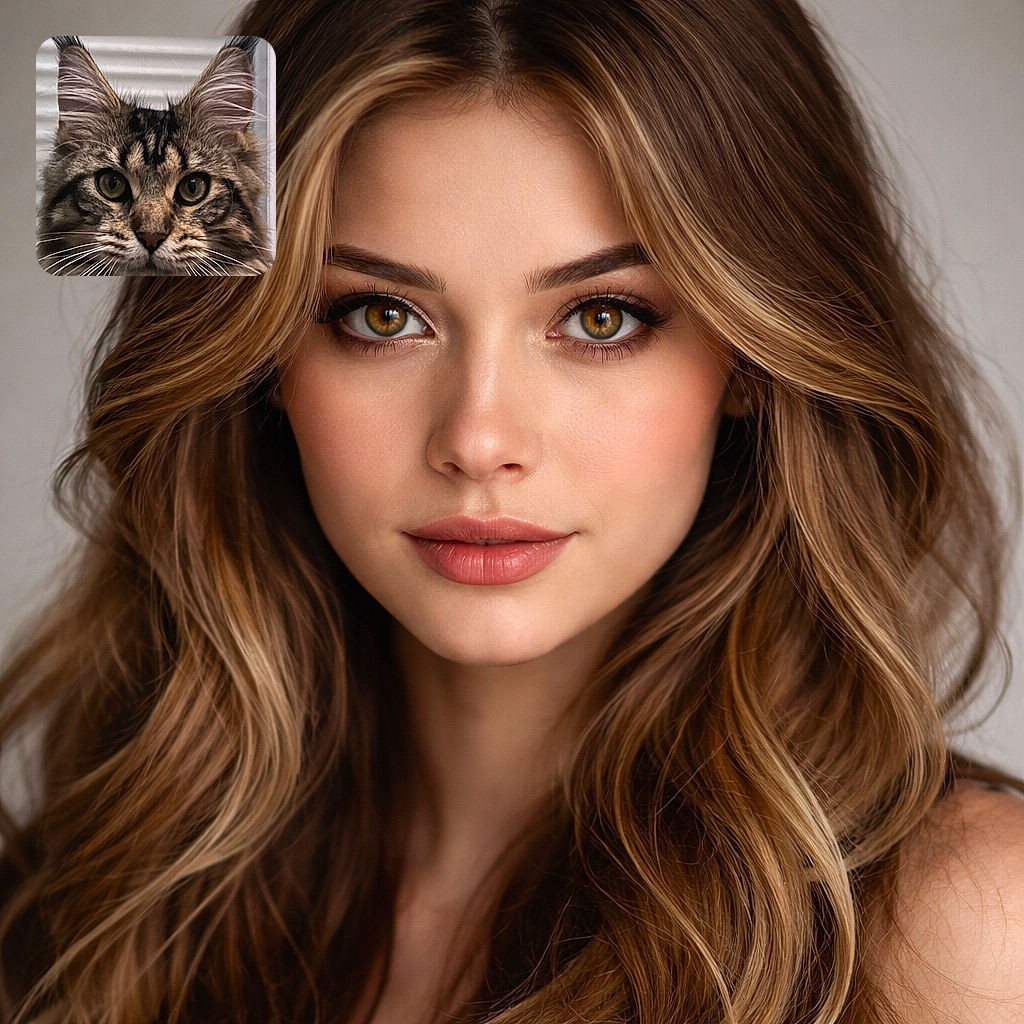 A majestic tabby cat fills the frame like a furry monarch — tufted ears at attention, huge green eyes locking onto the camera, and long white whiskers fanning out in perfect symmetry. The background is a softly blurred window blind, making the cat's intense, slightly judgmental expression the undeniable focal point. It's equal parts regal portrait and 'why have you interrupted my nap?'