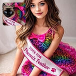 A regal Siamese cat dressed in a vibrant rainbow leopard-print outfit with a large pink bow, wearing a sparkling tiara and a sash that reads 'VOTE FOR Pheonix Feather', lying on a carpeted floor. The image is a phone lock screen with time and date overlays.