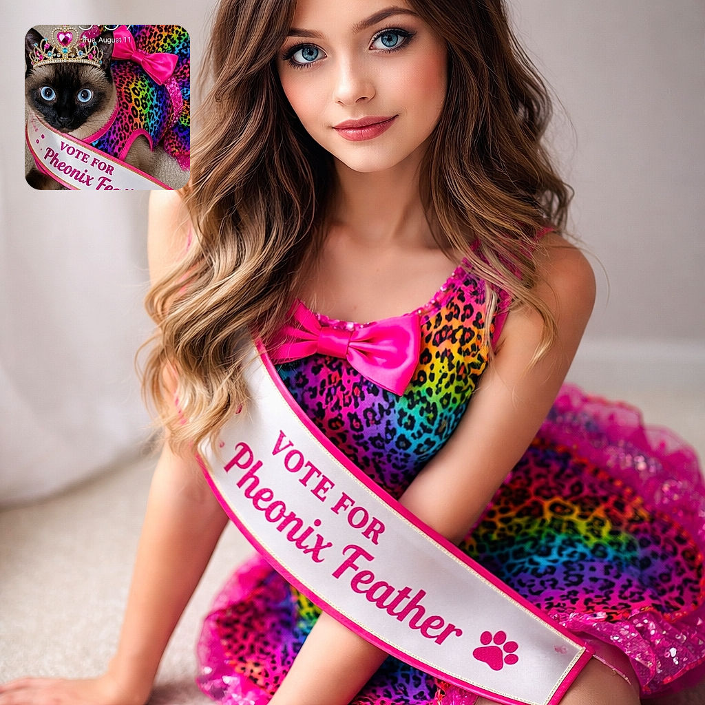 A regal Siamese cat dressed in a vibrant rainbow leopard-print outfit with a large pink bow, wearing a sparkling tiara and a sash that reads 'VOTE FOR Pheonix Feather', lying on a carpeted floor. The image is a phone lock screen with time and date overlays.