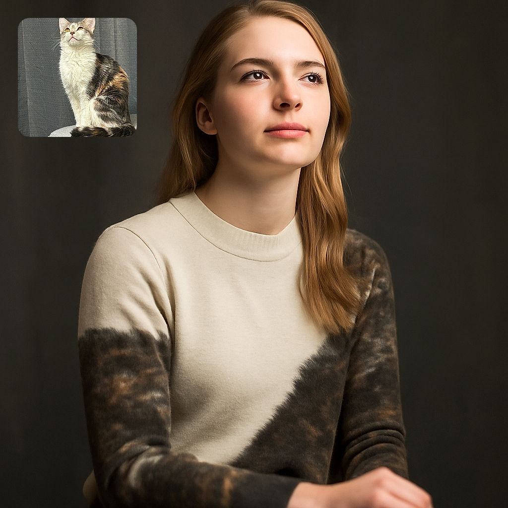 A majestic cat sits proudly on a soft, round perch, gazing upwards as if contemplating the mysteries of the universe, with sunlight highlighting its fluffy fur and creating a serene atmosphere.