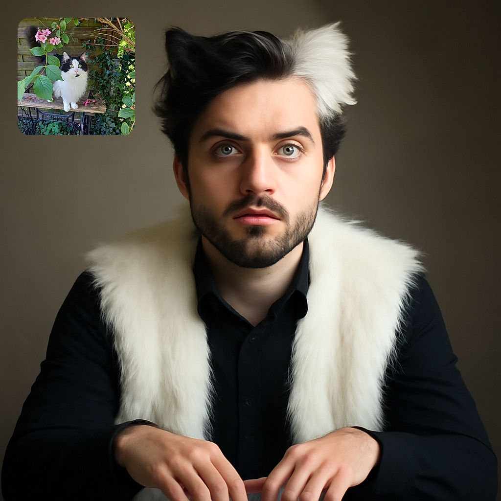 A fluffy black and white cat with striking green eyes stands majestically on an old wooden table with a vintage Singer sewing machine base, surrounded by lush green foliage and delicate pink flowers, looking curiously at the camera.
