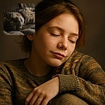 A cozy close-up of a sleeping cat nestled on a soft blanket, its fur blending with the muted tones of the background, whiskers gently curving in peaceful slumber.