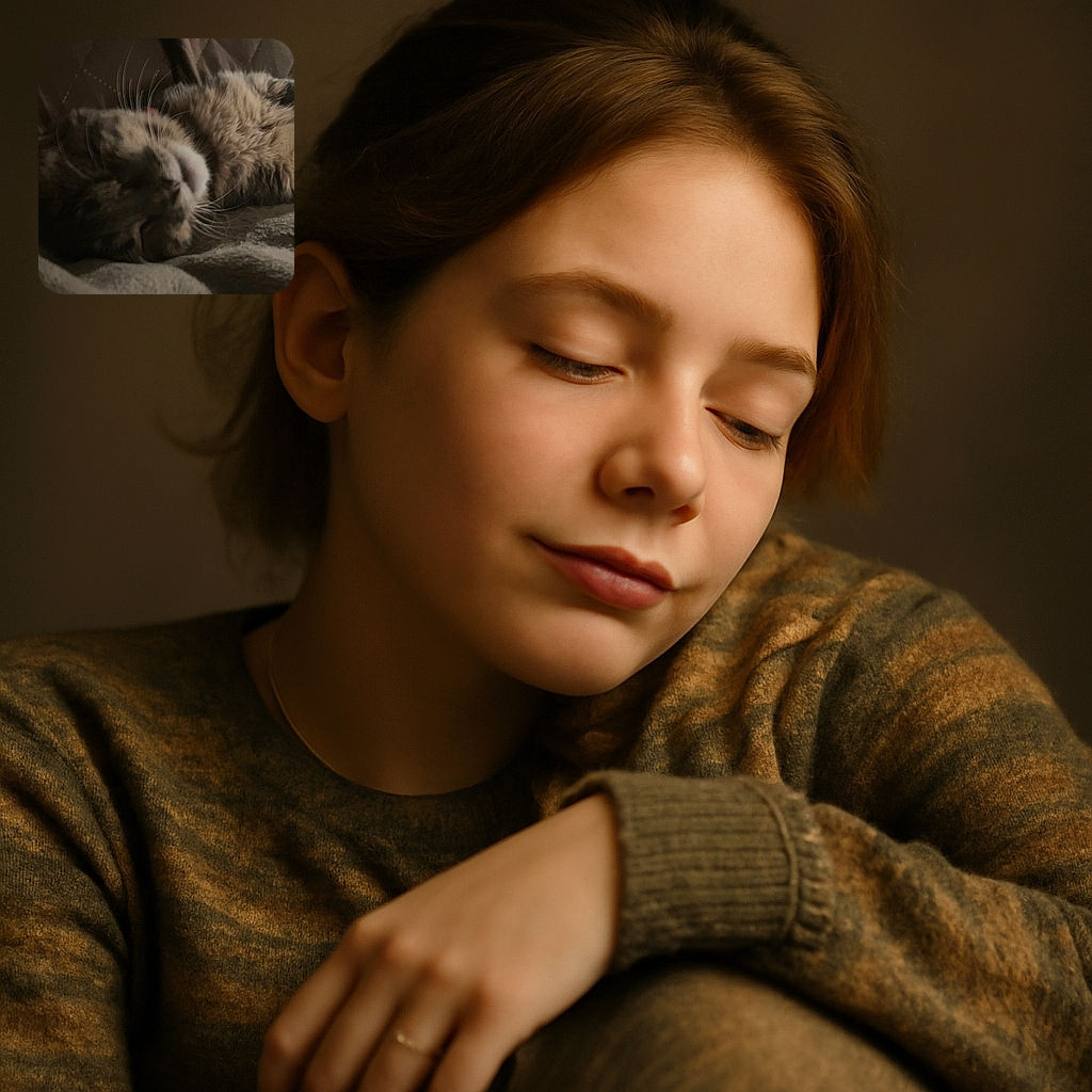 A cozy close-up of a sleeping cat nestled on a soft blanket, its fur blending with the muted tones of the background, whiskers gently curving in peaceful slumber.