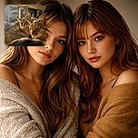 Two cozy tabby cats snuggle close on a soft blanket in a warmly lit living room, their fur blending with the comfy surroundings as they relax and soak up the homely vibes.