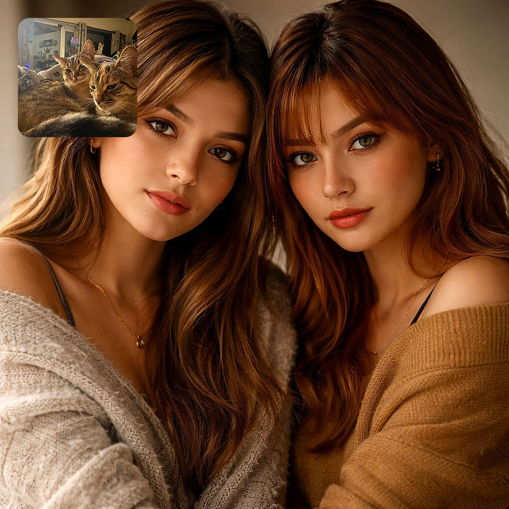 Two cozy tabby cats snuggle close on a soft blanket in a warmly lit living room, their fur blending with the comfy surroundings as they relax and soak up the homely vibes.