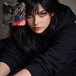 A sleek black cat with bright yellow eyes is perched on a pile of colorful bags, staring up with a curious and slightly mischievous expression, as if plotting its next adventure.