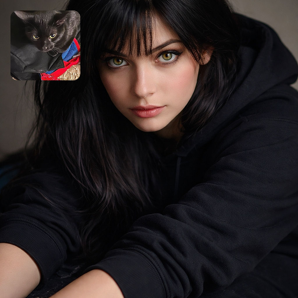 A sleek black cat with bright yellow eyes is perched on a pile of colorful bags, staring up with a curious and slightly mischievous expression, as if plotting its next adventure.