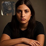 A soulful black dog is lying on a wooden floor, gazing upwards with shiny, reflective eyes, surrounded by a cozy indoor setting with warm natural light.