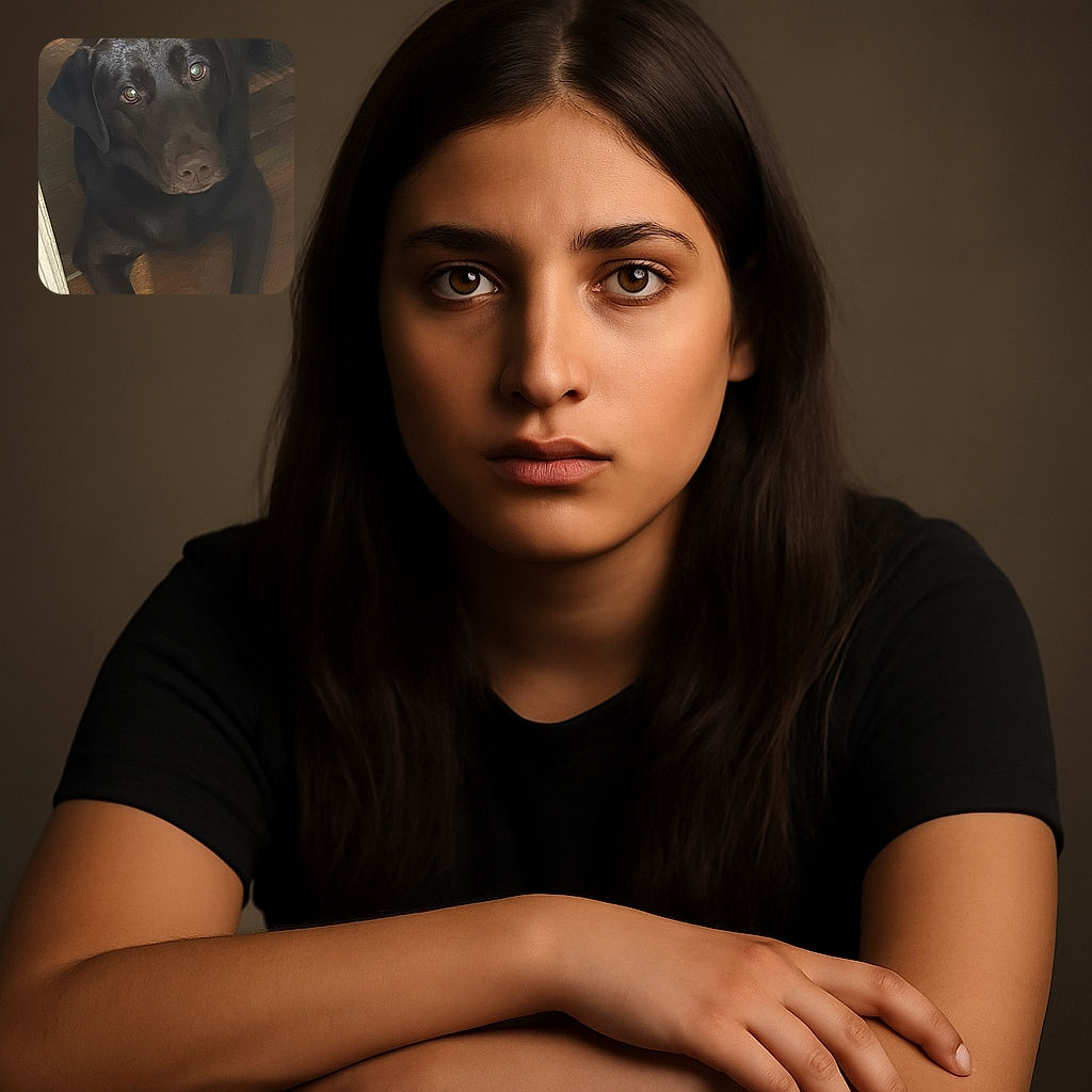 A soulful black dog is lying on a wooden floor, gazing upwards with shiny, reflective eyes, surrounded by a cozy indoor setting with warm natural light.
