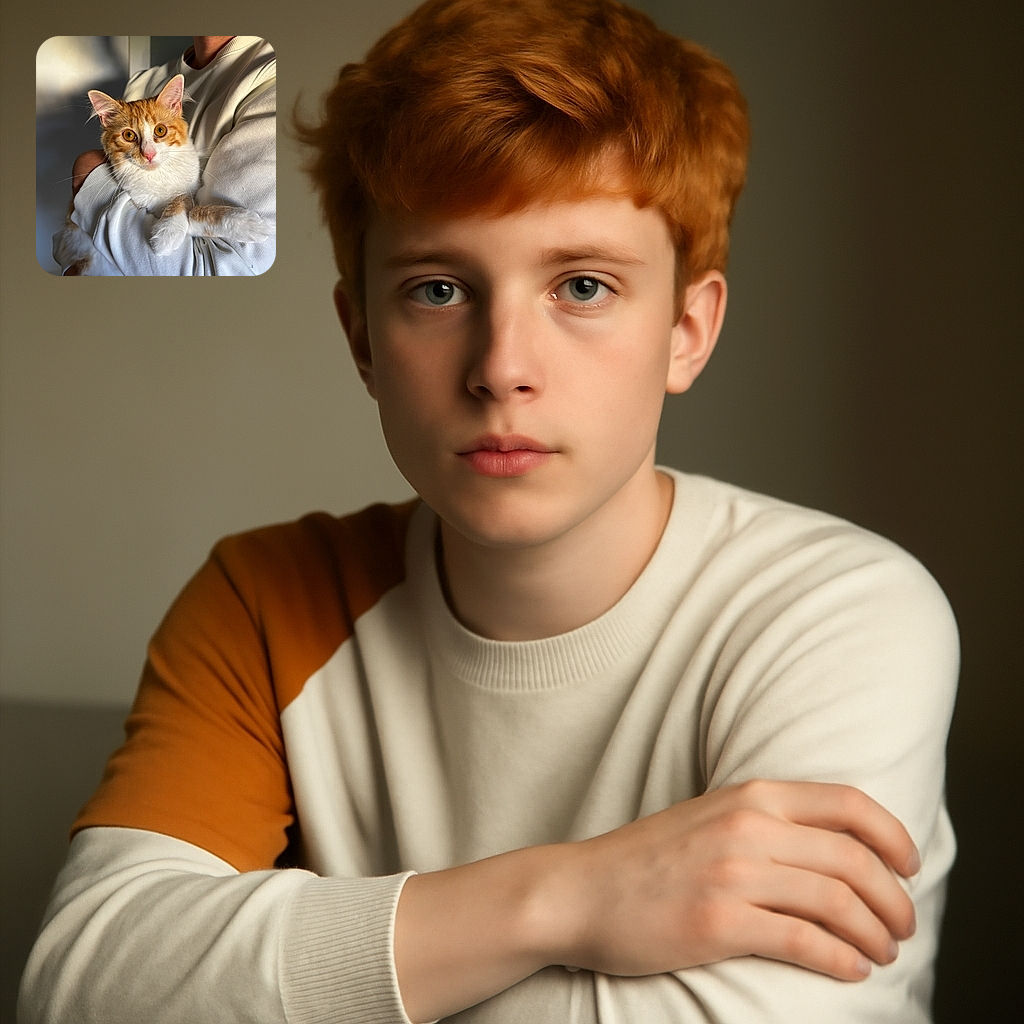 A charming orange and white cat with bright amber eyes is being gently cradled in the arms of a person wearing a cream-colored sweater. The warm natural light highlights the cat's soft fur and curious expression, while the background remains softly blurred, focusing all attention on this cozy moment of feline affection.