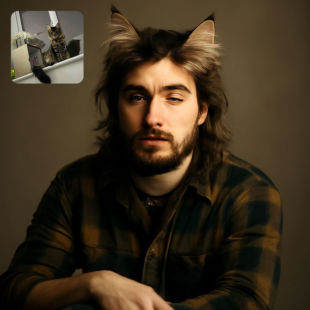 A fluffy tabby cat with a bushy tail sits regally on a white ledge in front of a window, next to a cardboard box and a white orchid. The cat's reflection is visible in the window, adding a mysterious twin effect to the scene.
