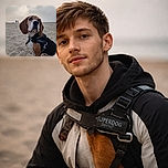 A curious beagle sporting a 'Superdog' harness sits attentively on a sandy beach at dusk, with a cloudy sky and two distant silhouetted figures adding depth to the serene and slightly moody seaside scene.
