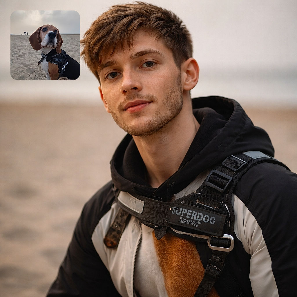 A curious beagle sporting a 'Superdog' harness sits attentively on a sandy beach at dusk, with a cloudy sky and two distant silhouetted figures adding depth to the serene and slightly moody seaside scene.
