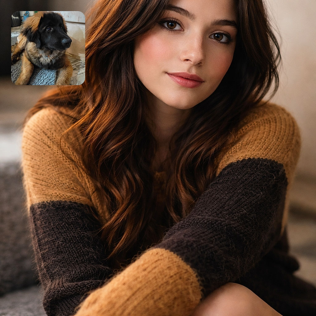 A fluffy brown-and-black puppy lounges on a soft grey mat, giving a soulful side-eye with its big snout and furry ears taking center stage. The indoor scene shows a marble floor and household items in the background; a small timestamp sits in the corner like accidental paparazzi evidence.