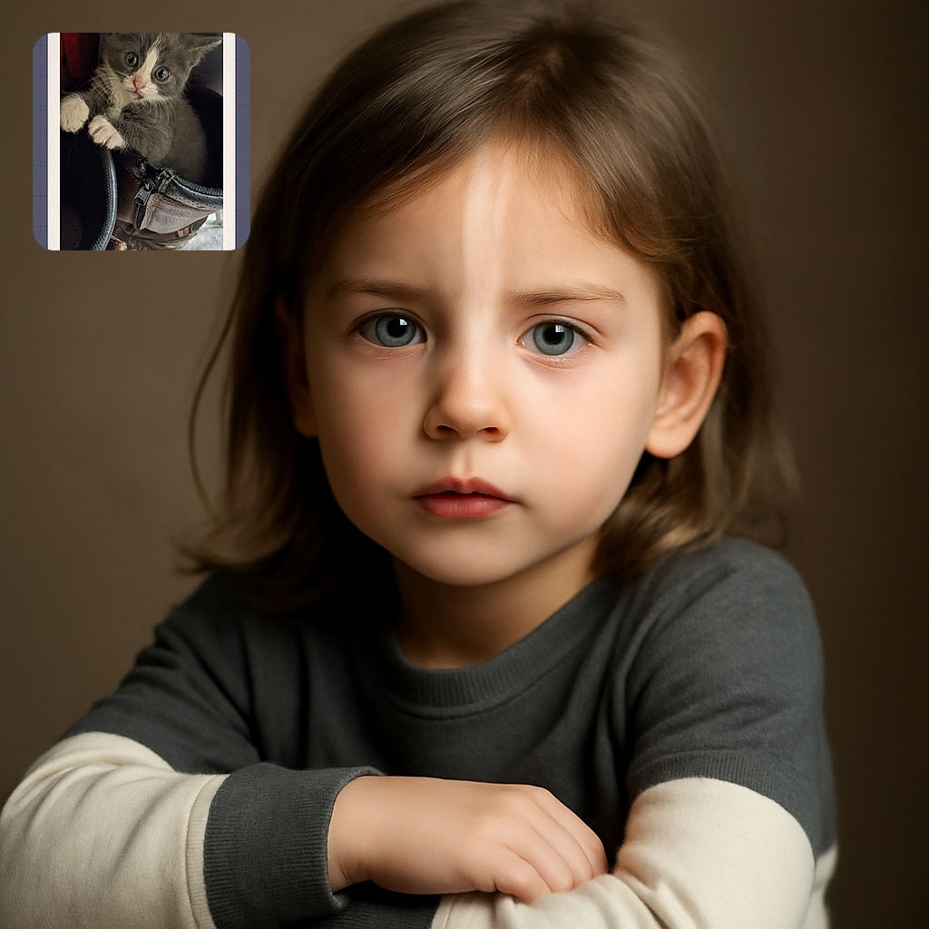 A curious gray and white kitten peeks out from inside a worn leather boot, looking wide-eyed and slightly startled, framed by a photo-style border taped at the corners.