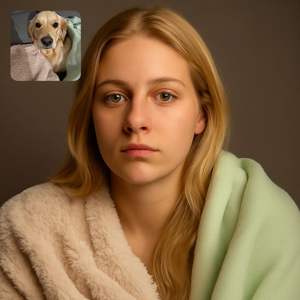 A cozy golden retriever snuggled under soft blankets on a couch, giving a calm and gentle stare that could melt anyone's heart.