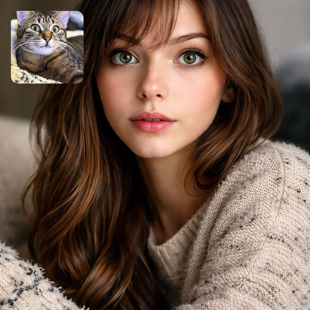 A wide-eyed tabby stares dramatically into the distance with gigantic green eyes and whiskers splayed like a tiny carnival fan — looks like it just heard the word "treat" and forgot its life goals.