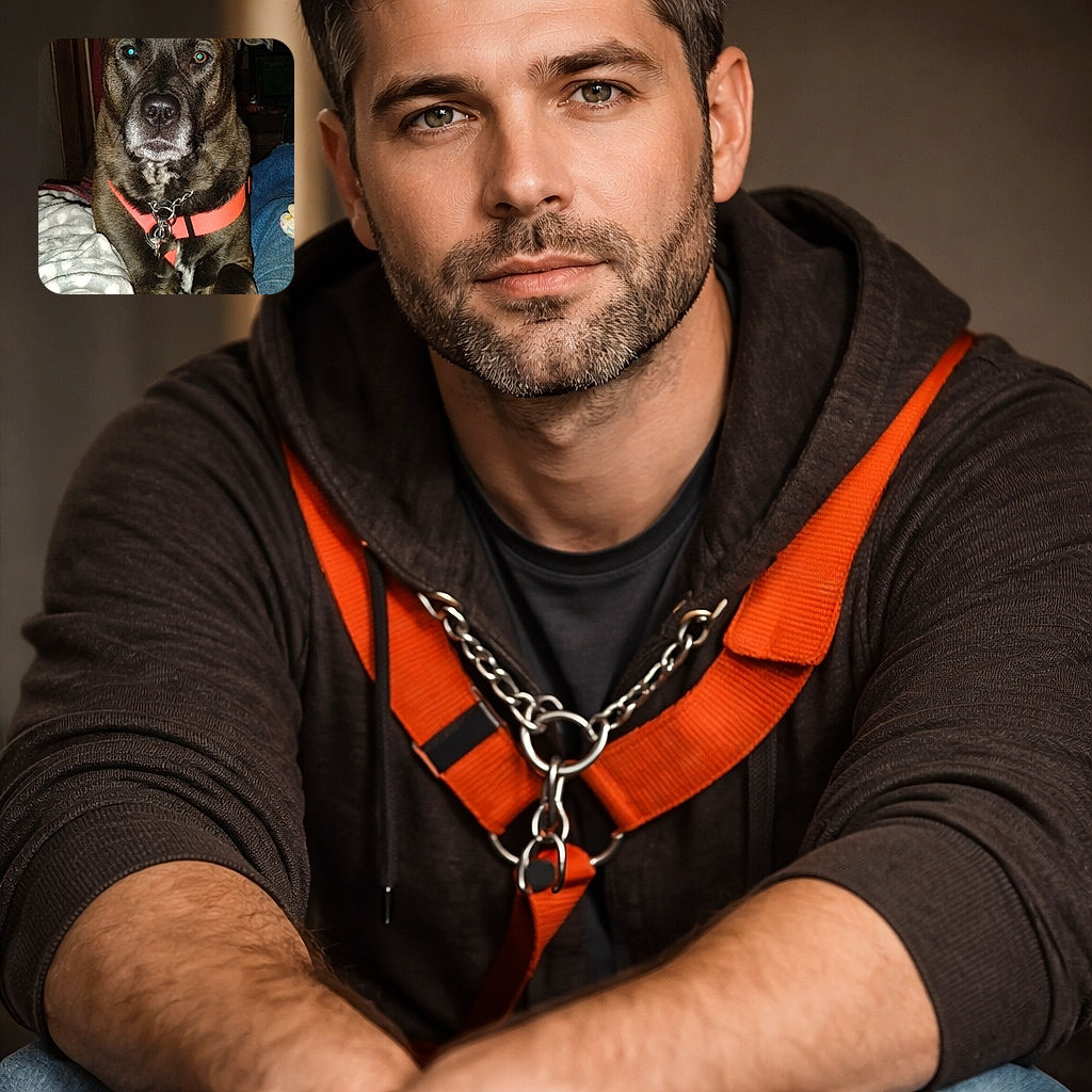 A solemn brindle dog stares straight into the camera like it just heard the word 'bath' — orange harness, jangling chain, and one flash-glinted eye give it dramatic authority while its paws perch on a cozy blanket in a dim living room.