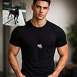 A dignified black dog (looks like a very serious Great Dane) posing like the boss of a half-finished patio—ears flopped, tail curved, and a suspiciously green empty pool to one side while red tile spacers look like confetti at its paws.