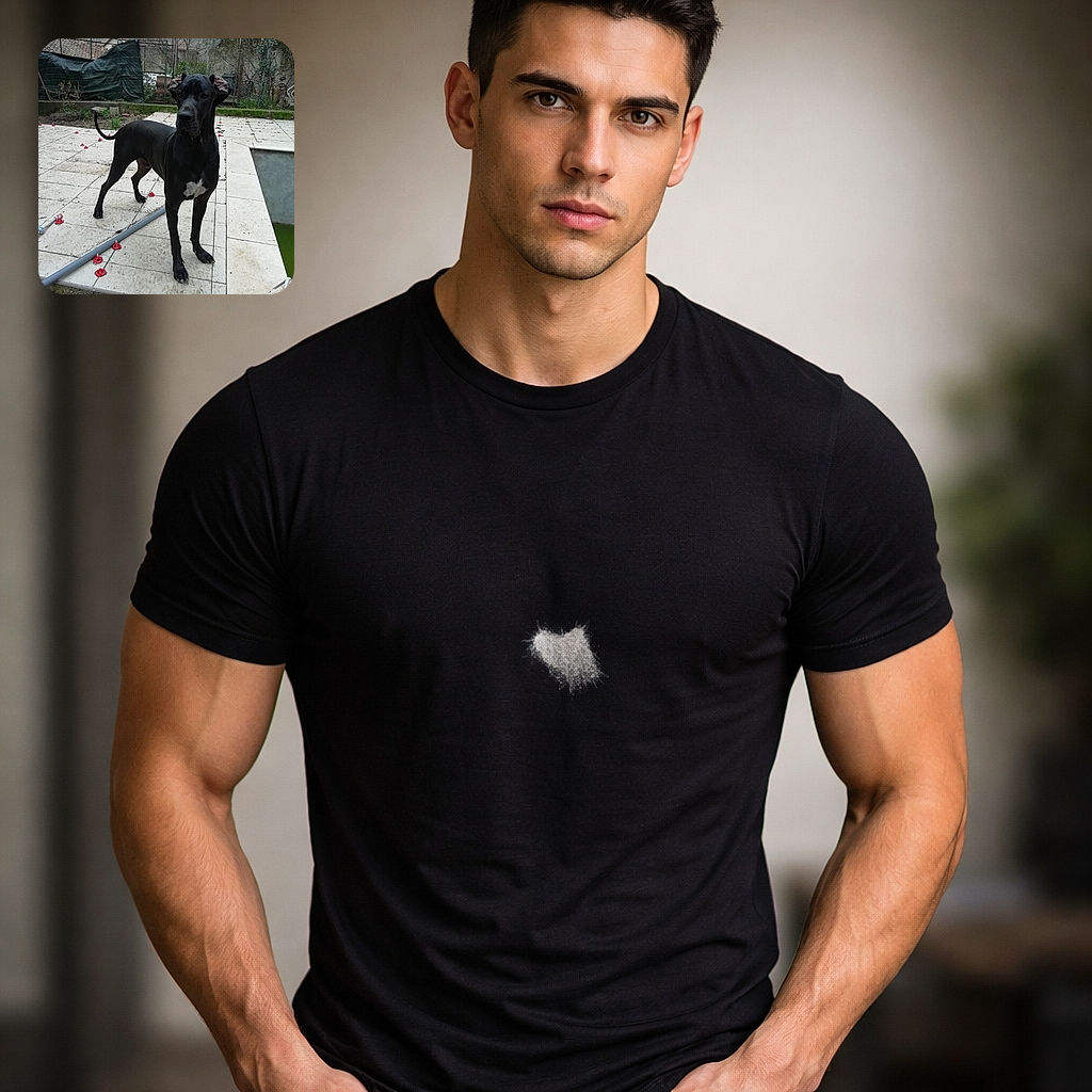 A dignified black dog (looks like a very serious Great Dane) posing like the boss of a half-finished patio—ears flopped, tail curved, and a suspiciously green empty pool to one side while red tile spacers look like confetti at its paws.