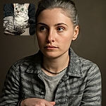 A regal silver tabby cat with striking green eyes lounges comfortably on a person's lap, who is dressed in a black jacket and a beaded necklace. The cat's attentive gaze and relaxed posture make it look like the true boss of the house.