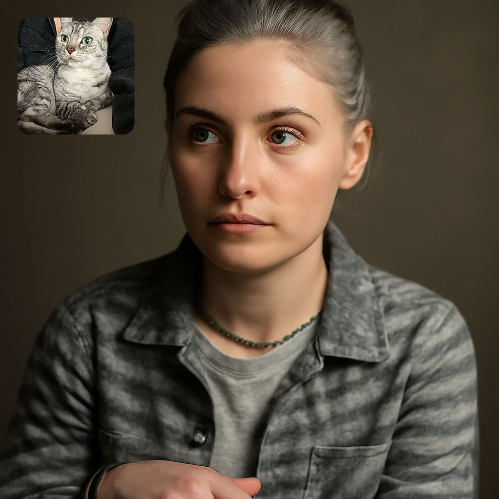 A regal silver tabby cat with striking green eyes lounges comfortably on a person's lap, who is dressed in a black jacket and a beaded necklace. The cat's attentive gaze and relaxed posture make it look like the true boss of the house.