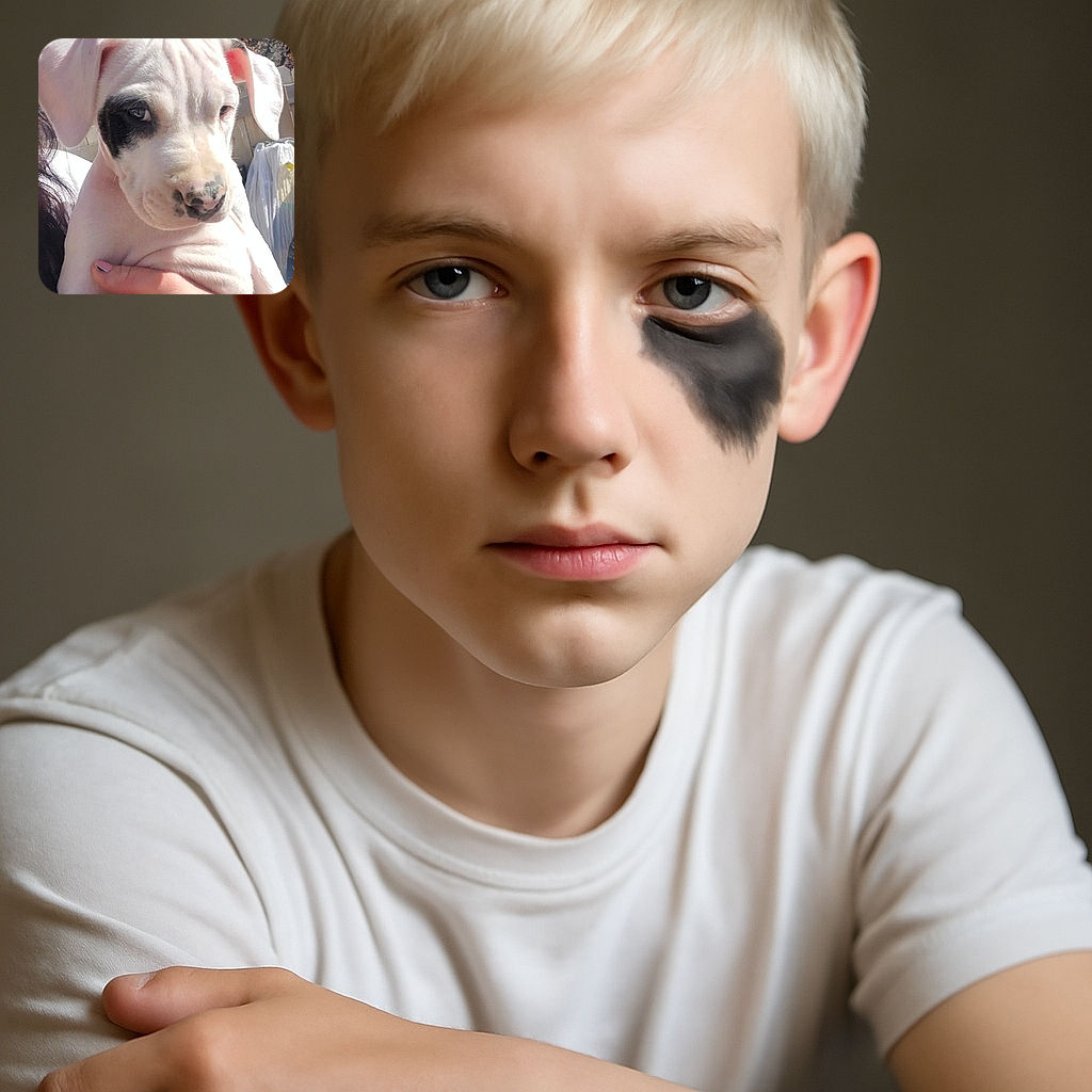 A close-up photo of an adorable white puppy with a distinctive black patch around one eye, being gently held by a person with painted nails. The puppy looks curious and slightly shy, basking in bright natural sunlight with a house and some outdoor items blurred in the background.
