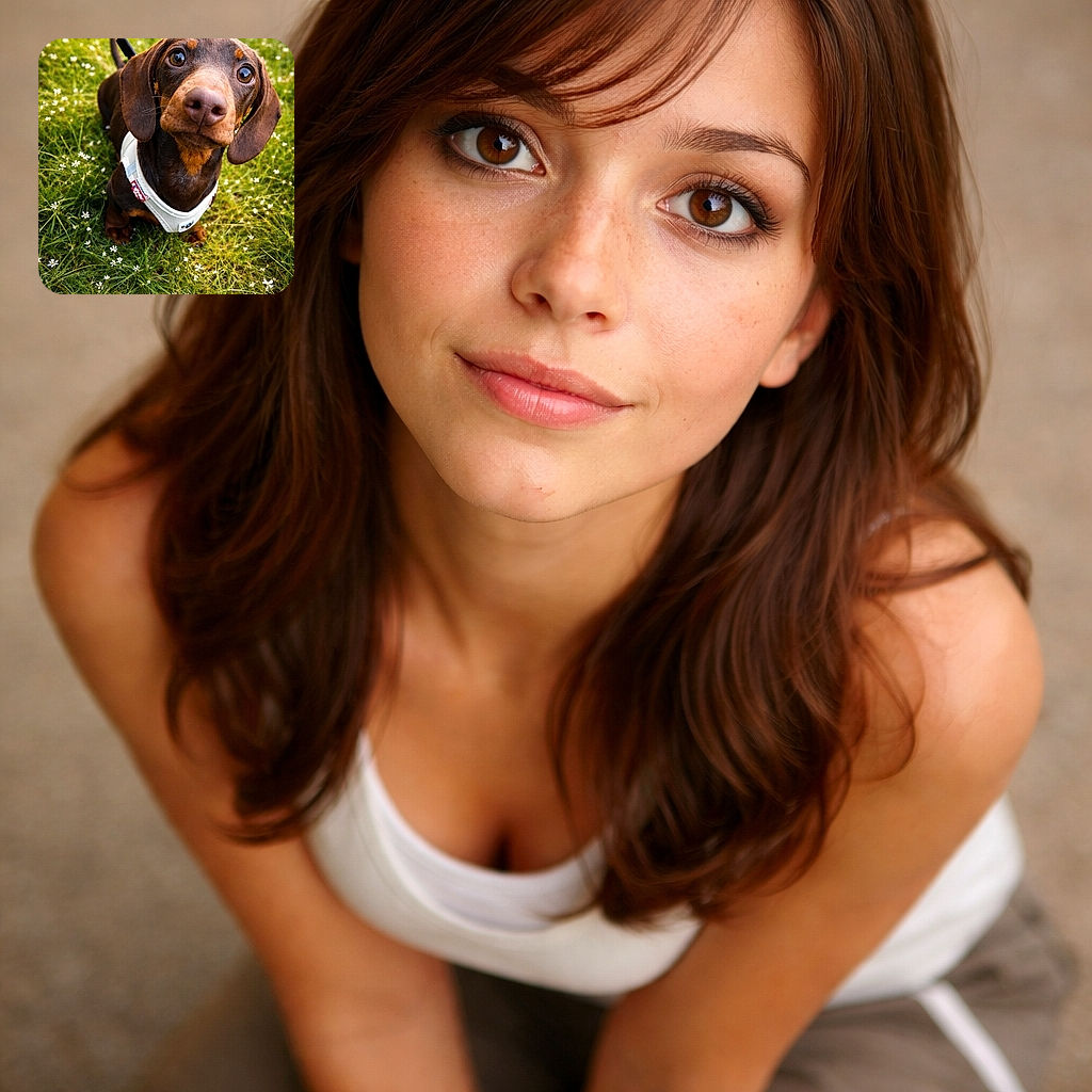 A wide-eyed dachshund giving an irresistible close-up — nose taking center stage, tiny harness peeking through, sitting in a sunlit carpet of grass and little white flowers like it owns the meadow.