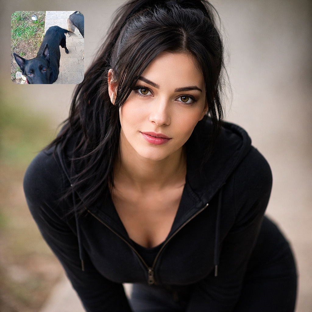 An enthusiastic black dog rockets into the frame, nose-first and completely unfazed by focus — another curious snout photobombing a concrete path while a second pup ambles in the background next to a metal water bowl.