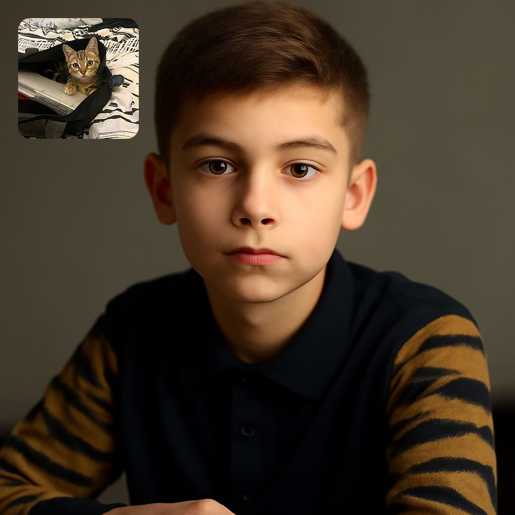 A curious tabby kitten is cozily nestled inside an open black bag on a patterned bedspread, looking straight at the camera with wide, innocent eyes as if ready to pounce on any unsuspecting laptop or homework.