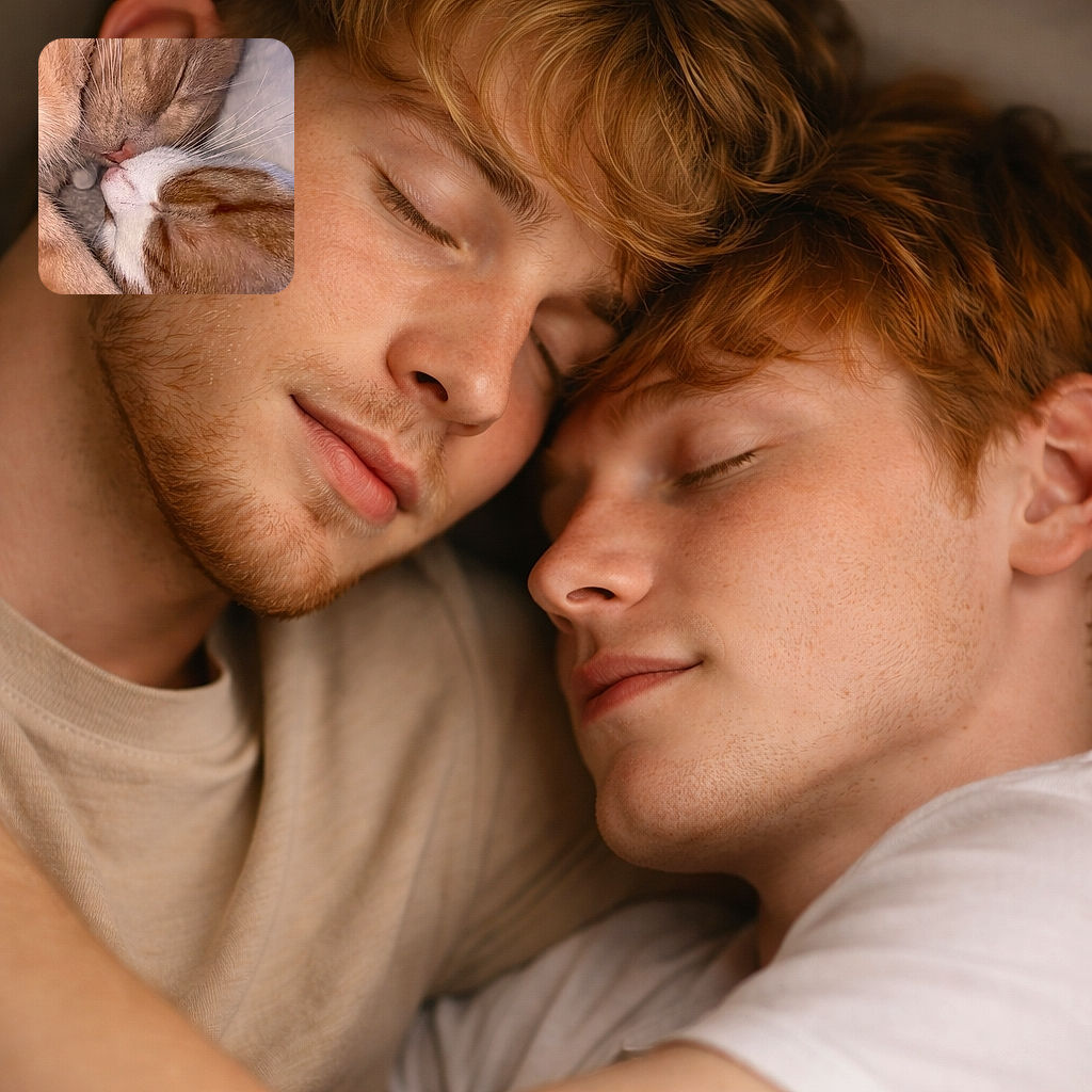 Two adorable cats snuggled up close, noses touching gently in a tender moment of feline affection, with their soft fur and whiskers creating a cozy and heartwarming scene.