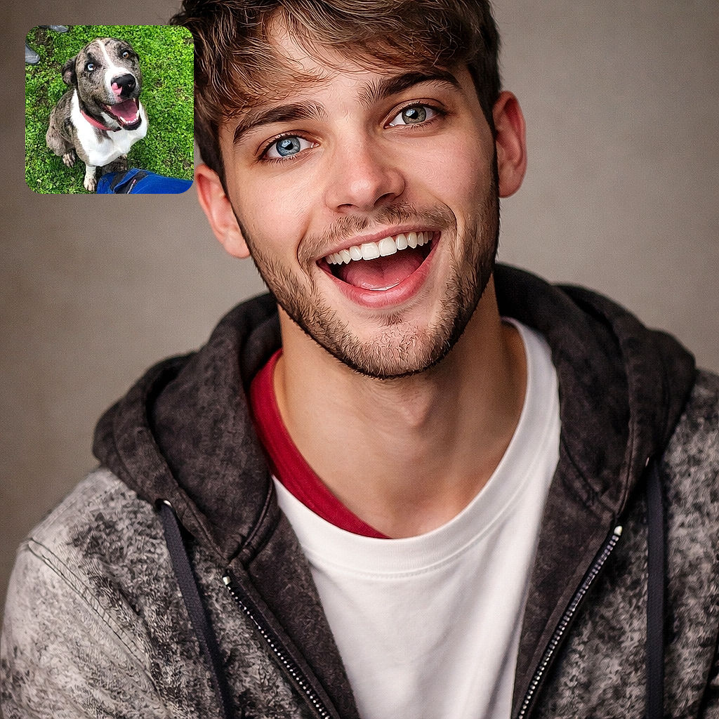 A ridiculously happy dog stares up with a lolling tongue, one blue eye and one brown eye, a pink-splashed nose and muddy paws — clearly ready for treats (or mischief). The photo is a cheerful close-up taken outdoors and shown inside a social-media screenshot with UI visible.
