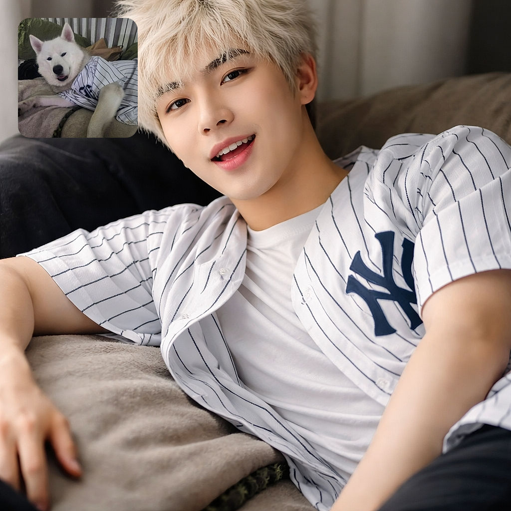 A fluffy white dog lounging comfortably on a bed, wearing a striped shirt that adds a touch of sporty charm. The background is a cozy mix of pillows and blankets, making the dog look like it's ready for a relaxed day in or maybe a playful nap session.