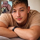 A heartfelt moment captured between a man and his dog, with the man gently hugging the dog who looks adorably concerned, framed by a cozy indoor setting with warm colors and home decor.