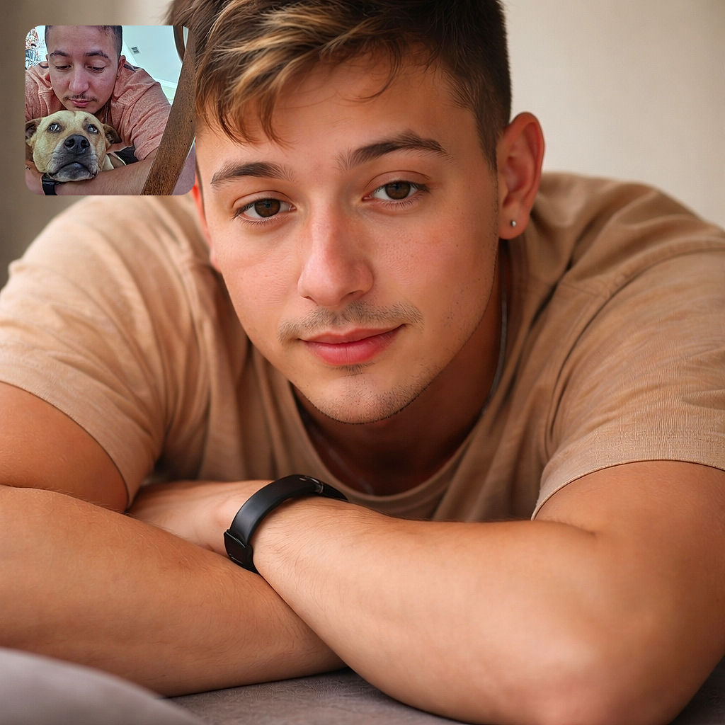 A heartfelt moment captured between a man and his dog, with the man gently hugging the dog who looks adorably concerned, framed by a cozy indoor setting with warm colors and home decor.