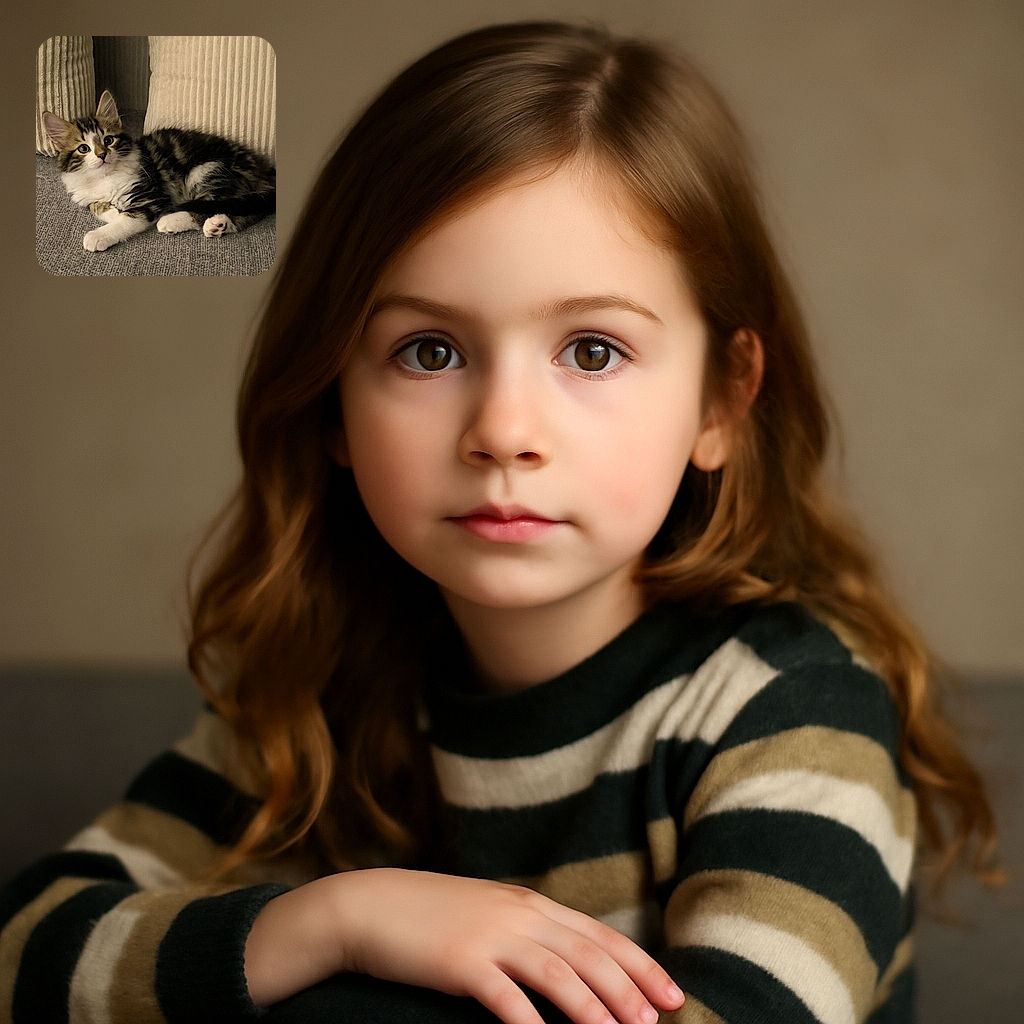 A fluffy tabby kitten lounges comfortably on a textured gray couch, with two cream-colored cushions behind it, gazing curiously at the camera with wide, innocent eyes.