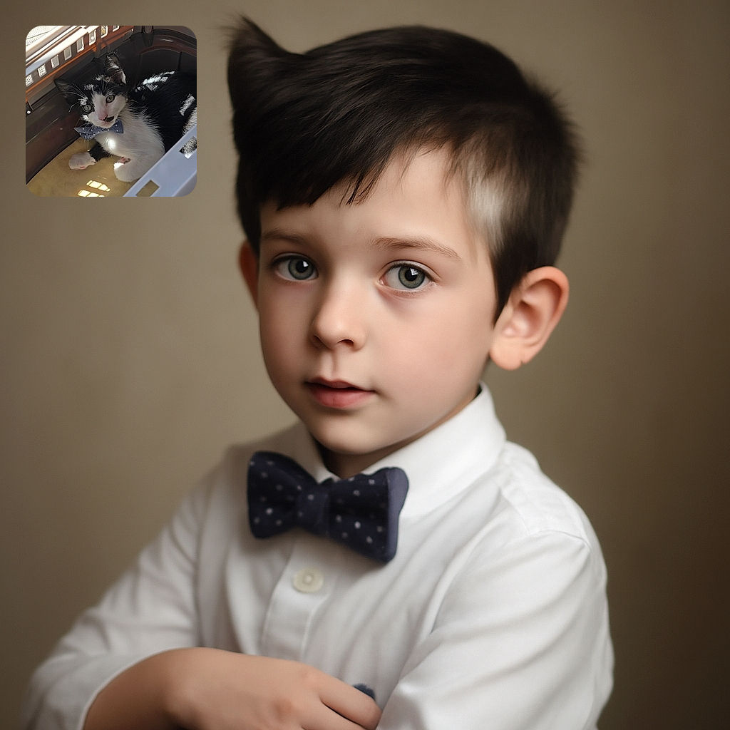 A charming black and white cat with a distinctive mustache-like marking on its nose lounges comfortably inside a pet carrier, sporting a cute polka-dot bow tie while basking in warm sunlight filtering through the carrier's ventilation holes.