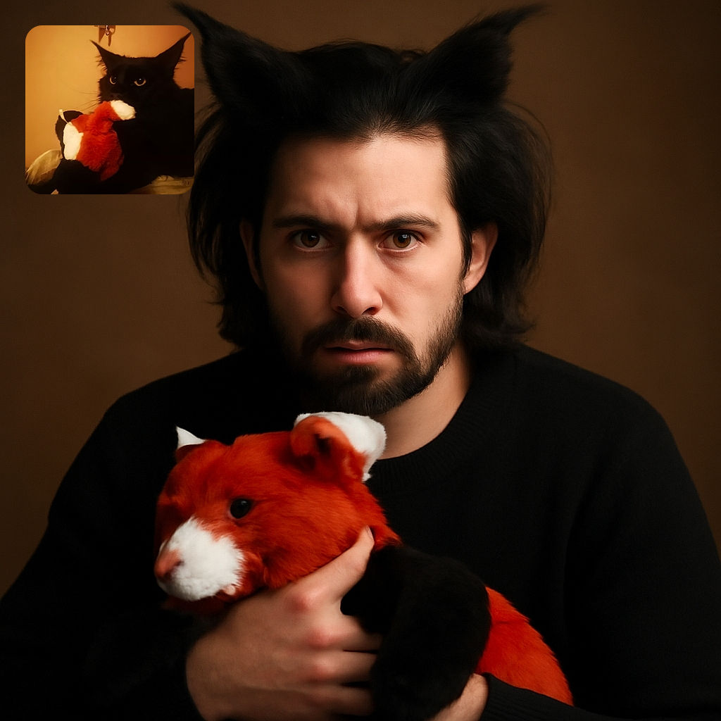 A dimly lit photo of a black cat clutching a red and white plush toy in its mouth, with a soft beige background and a hanging ID badge casting a shadow above.