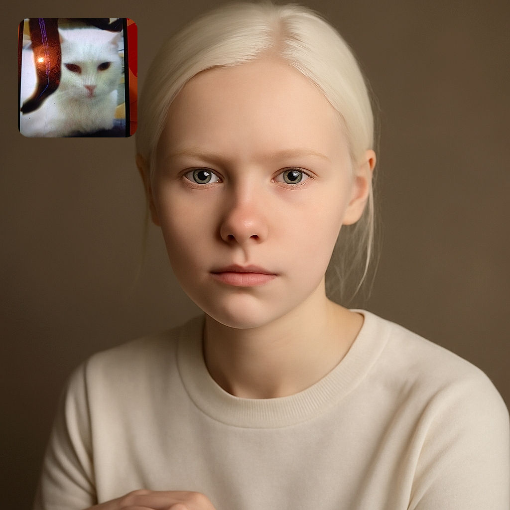 A blurry close-up of a white cat with dark eyes, captured through a scratched or dirty screen, giving a mysterious and slightly ghostly vibe.
