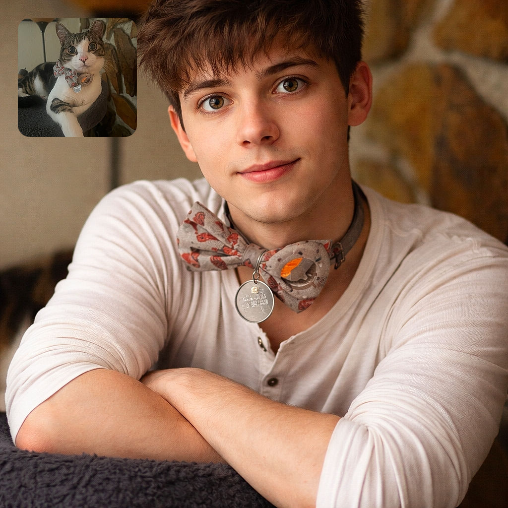 A wide-eyed tabby cat stares directly into the camera like it's plotting world domination, sporting a tiny patterned bow and shiny ID tag while lounging with one paw draped over a plush cat tree — background lamp and rustic stone wall provide dramatic, accidental set design.