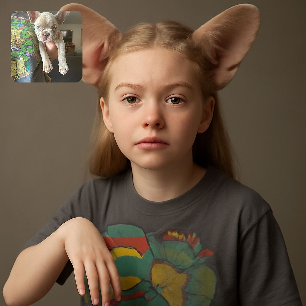 A cute light brown French Bulldog puppy is being held up by a person wearing a Teenage Mutant Ninja Turtles t-shirt. The puppy looks directly at the camera with its large ears standing tall, while the cozy living room background is softly blurred.