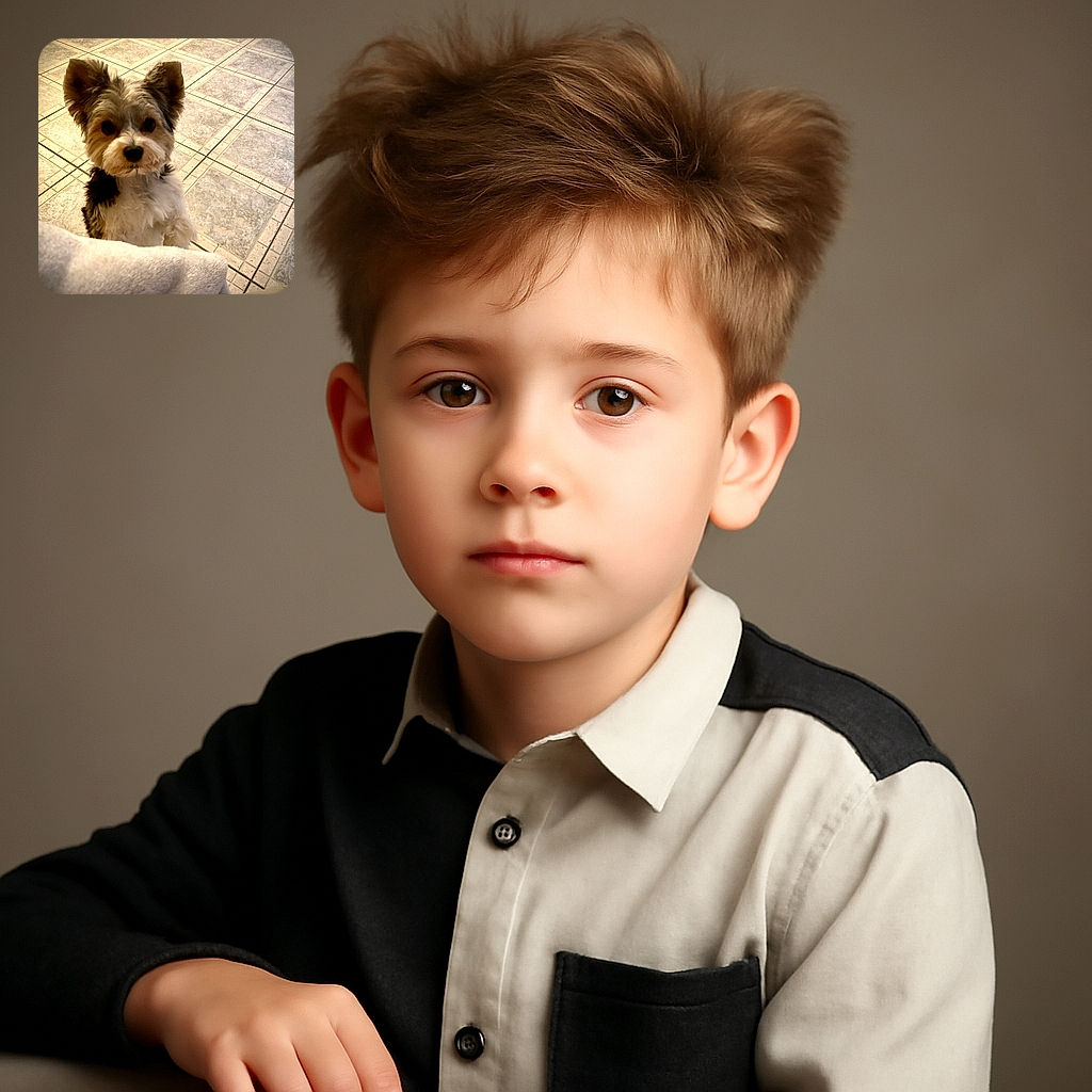 A fluffy, adorable small dog looks up with curious eyes from a tiled floor, with soft lighting giving a cozy indoor vibe. The dog's fur is a mix of white, black, and brown, and the photo captures its sweet expression perfectly.