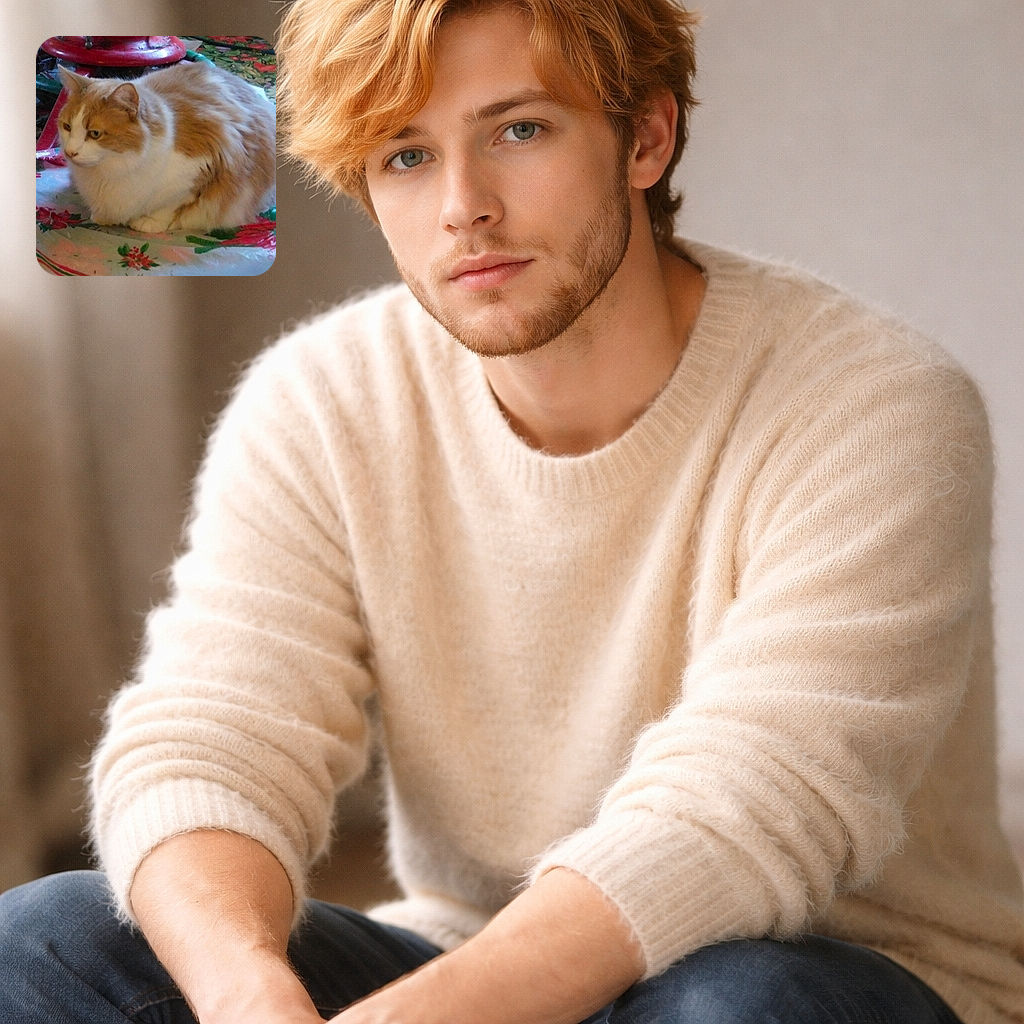A chonky orange-and-white cat loafs majestically on a festive floral tablecloth like it owns the holiday decor — unimpressed, regal, and furrier than your average couch cushion.