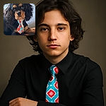 A charming dog with glossy black and tan fur is lounging comfortably on a sofa, wearing a quirky blue tie patterned with bright orange slices, giving off a vibe of casual sophistication mixed with playful zest.