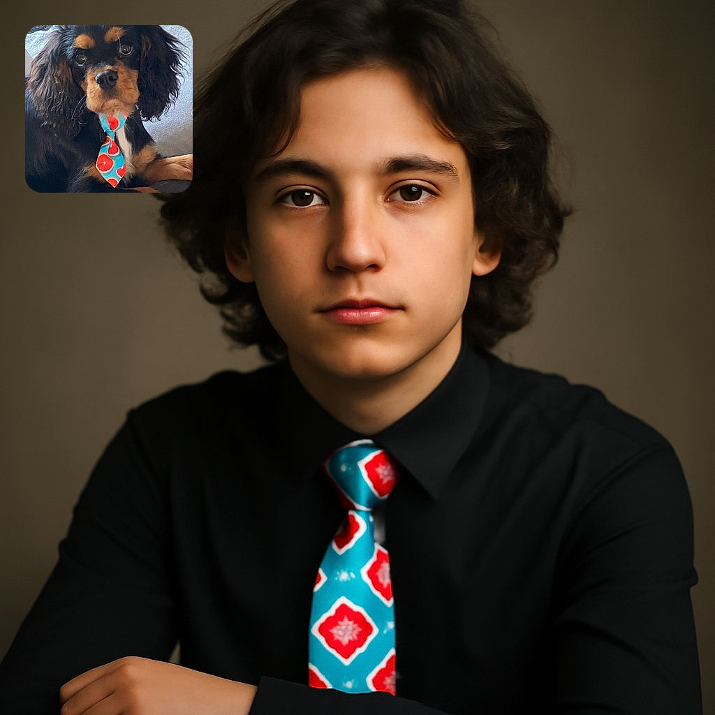 A charming dog with glossy black and tan fur is lounging comfortably on a sofa, wearing a quirky blue tie patterned with bright orange slices, giving off a vibe of casual sophistication mixed with playful zest.