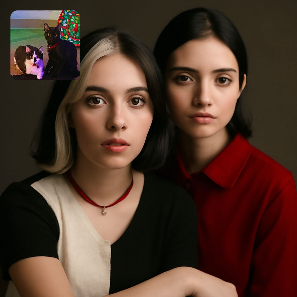 Two adorable cats, one black and one black-and-white, sit attentively on a carpeted floor next to a colorful cat toy. Their bright eyes and red collars add charm to the cozy indoor setting.