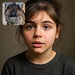 A close-up photo of an adorable fluffy dog with a slightly goofy expression, showing a tiny tooth. The background is softly blurred, making the dog's face the star of the show.